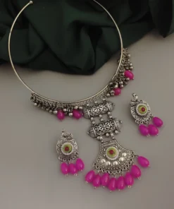Glamaya Oxidised Glass Beads Hasli Necklace Earring Set 3 GLAM-CN-BE-30-552678-42-5
