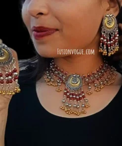 Glamaya Oxidised Two Tone Choker Necklace Earrings Set Red 1 GLAM-CN-TT-20-475919-37-5