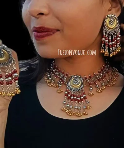 Glamaya Oxidised Two Tone Choker Necklace Earrings Set Red 1 GLAM-CN-TT-20-475919-37-5