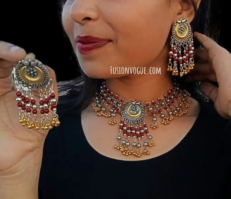 Glamaya Oxidised Two Tone Choker Necklace Earrings Set Red 1 GLAM-CN-TT-20-475919-37-5