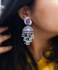 Glamaya American Diamond Silver Tone Jhumka Earrings With Ruby Stone 2 GLAM-ER-CZ-160-704349-220-5