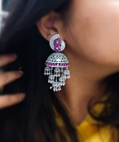 Glamaya American Diamond Silver Tone Jhumka Earrings With Ruby Stone 2 GLAM-ER-CZ-160-704349-220-5
