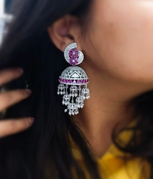 Glamaya American Diamond Silver Tone Jhumka Earrings With Ruby Stone 2 GLAM-ER-CZ-160-704349-220-5 Glamaya American Diamond Silver Tone Jhumka Earrings With Ruby Stone 2 GLAM-ER-CZ-160-704349-220-5