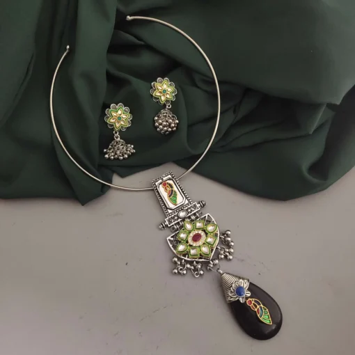 Glamaya Oxidised Fusion Hasli Necklace Earrings Set 7 GLAM-CN-OX-22F9-855198-30-7 Glamaya Oxidised Fusion Hasli Necklace Earrings Set 7 GLAM-CN-OX-22F9-855198-30-7