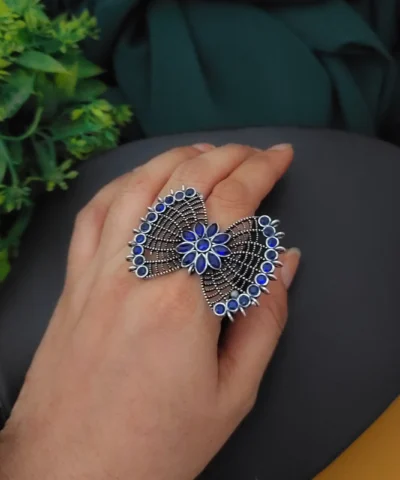 Glamaya Oxidised Semi Precious Stone Bow Adjustable Rings Blue 2 GLAM-RI-ST-11F7-655706-20-6