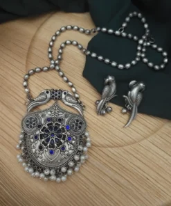Glamaya Yashsvi Silver Replica Brass Necklace Earring Set Blue 1 GLAM-CN-BR-82F5-778370-100-4