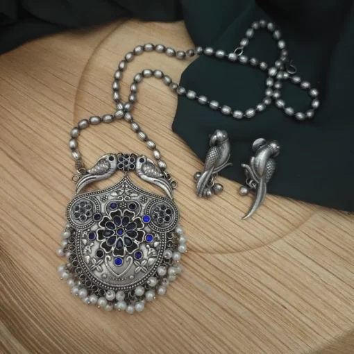 Glamaya Yashsvi Silver Replica Brass Necklace Earring Set Blue 1 GLAM-CN-BR-82F5-778370-100-4