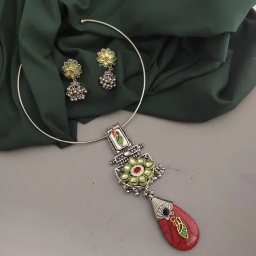 Glamaya Oxidised Fusion Hasli Necklace Earrings Set 5 GLAM-CN-OX-22F9-855198-30-7 Glamaya Oxidised Fusion Hasli Necklace Earrings Set 5 GLAM-CN-OX-22F9-855198-30-7