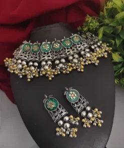 Glamaya Oxidized Two Tone Choker Necklace Earrings Set Green 1 GLAM-CN-TT-18-991829-25-10
