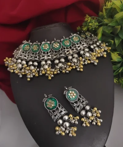 Glamaya Oxidized Two Tone Choker Necklace Earrings Set Green 1 GLAM-CN-TT-18-991829-25-10