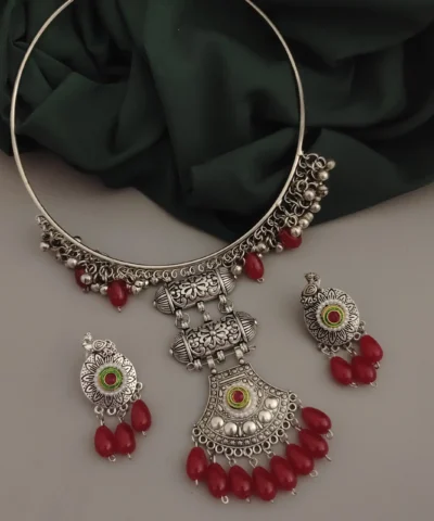 Glamaya Oxidised Glass Beads Hasli Necklace Earring Set 1 GLAM-CN-BE-30-552678-42-5