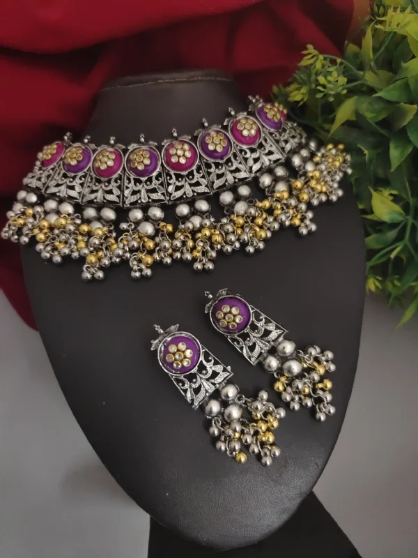 Glamaya Oxidized Two Tone Choker Necklace Earrings Set Pink 1 GLAM-CN-TT-90-962678-125-2