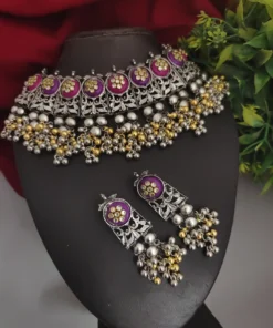 Glamaya Oxidized Two Tone Choker Necklace Earrings Set Pink 1 GLAM-CN-TT-90-962678-125-2