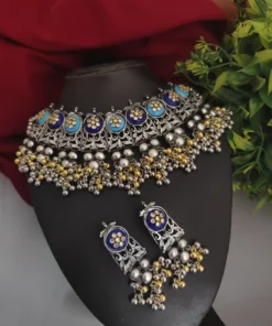 Glamaya Oxidized Two Tone Choker Necklace Earrings Set Blue 1 GLAM-CN-TT-18-193794-25-10