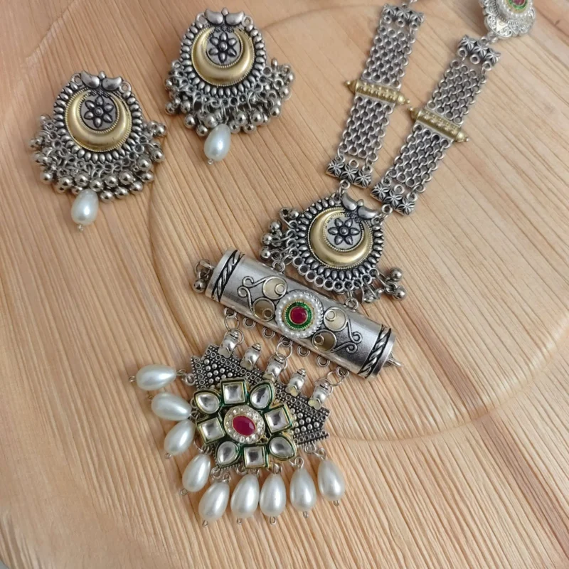 Glamaya Sarmaya Oxidised Long Fusion Necklace Earring Set 2 GLAM-CN-OX-35-873856-55-4