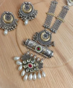 Glamaya Sarmaya Oxidised Long Fusion Necklace Earring Set 2 GLAM-CN-OX-35-873856-55-4