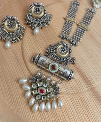 Glamaya Sarmaya Oxidised Long Fusion Necklace Earring Set 2 GLAM-CN-OX-35-873856-55-4