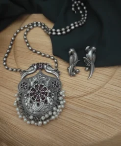 Glamaya Yashsvi Silver Replica Brass Necklace Earring Set Red 1 GLAM-CN-BR-165-383391-200-2
