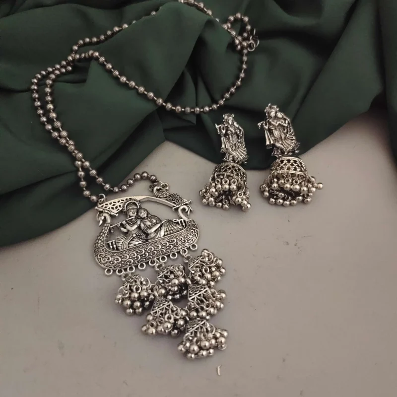 Glamaya Oxidised Radha Krishna Long Chain Necklace Set 1 GLAM-CN-OX-20-632717-33-5