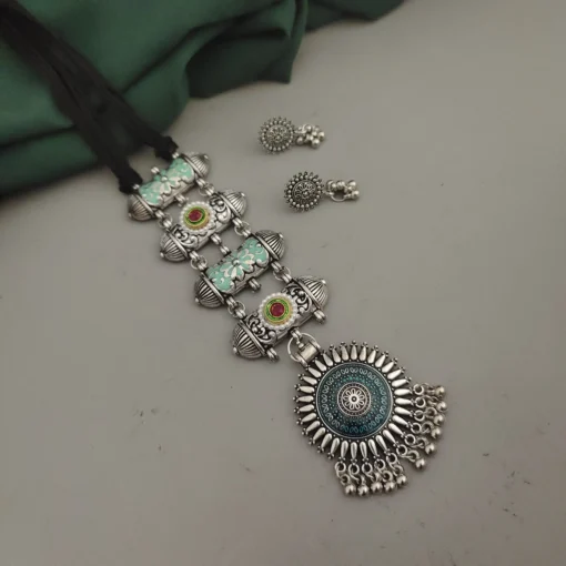 Glamaya Oxidised Meenakari Tie Necklace Earrings Set 4 GLAM-CN-ME-18-111579-33-5 Glamaya Oxidised Meenakari Tie Necklace Earrings Set 4 GLAM-CN-ME-18-111579-33-5