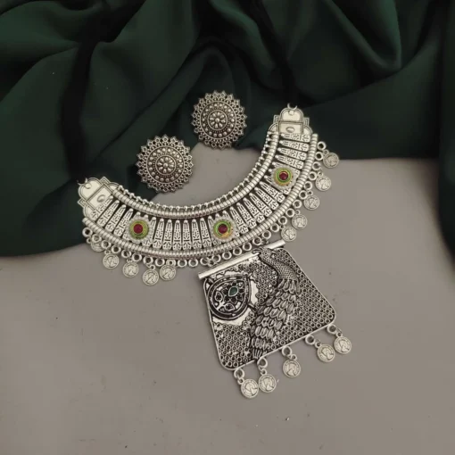 Glamaya Oxidised Peacock Hasli Necklace Earrings Set 1 GLAM-CN-OX-25-716791-35-6
