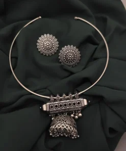 Glamaya Oxidised Stone Jhumka Hasli Necklace Earrings Set 3 GLAM-CN-ST-25-097901-35-6