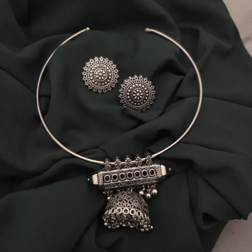 Glamaya Oxidised Stone Jhumka Hasli Necklace Earrings Set 3 GLAM-CN-ST-25-097901-35-6 Glamaya Oxidised Stone Jhumka Hasli Necklace Earrings Set 3 GLAM-CN-ST-25-097901-35-6