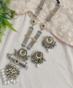 Glamaya Sarmaya Oxidised Long Fusion Necklace Earring Set 3 GLAM-CN-OX-35-873856-55-4