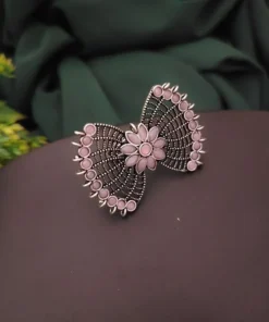 Glamaya Oxidised Semi Precious Stone Bow Adjustable Rings Pink 1 GLAM-RI-ST-7-841532-12-10