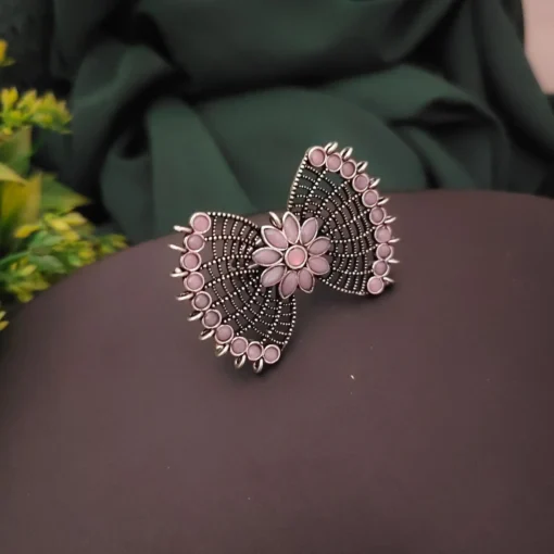 Glamaya Oxidised Semi Precious Stone Bow Adjustable Rings Pink 1 GLAM-RI-ST-7-841532-12-10