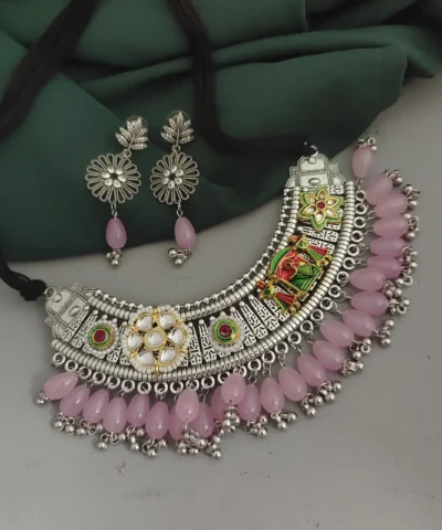 Glamaya Oxidised Glass Beads Hasli Choker Necklace Earrings Set 2 GLAM-CN-BE-18-905540-25-10