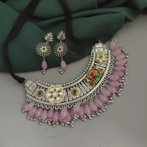 Glamaya Oxidised Glass Beads Hasli Choker Necklace Earrings Set 2 GLAM-CN-BE-18-905540-25-10 Glamaya Oxidised Glass Beads Hasli Choker Necklace Earrings Set 2 GLAM-CN-BE-18-905540-25-10