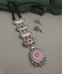 Glamaya Oxidised Meenakari Tie Necklace Earrings Set 5 GLAM-CN-ME-18-111579-33-5 Glamaya Oxidised Meenakari Tie Necklace Earrings Set 5 GLAM-CN-ME-18-111579-33-5