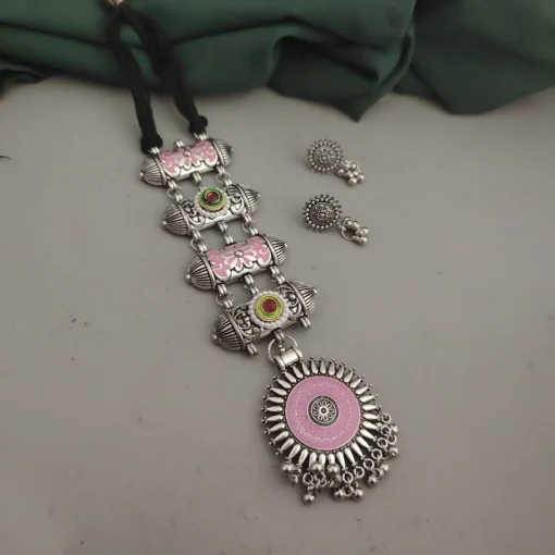 Glamaya Oxidised Meenakari Tie Necklace Earrings Set 5 GLAM-CN-ME-18-111579-33-5 Glamaya Oxidised Meenakari Tie Necklace Earrings Set 5 GLAM-CN-ME-18-111579-33-5