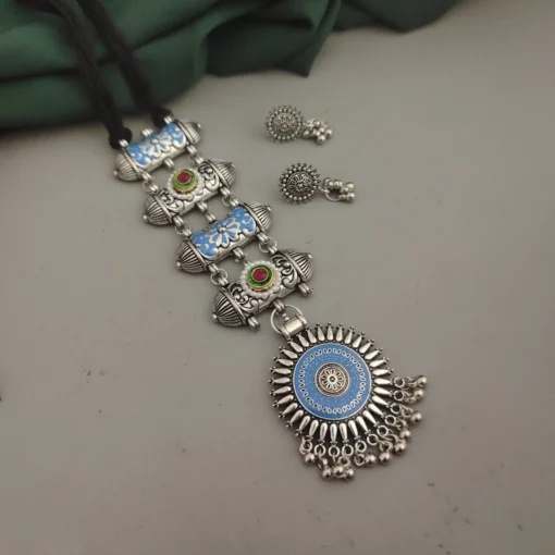 Glamaya Oxidised Meenakari Tie Necklace Earrings Set 6 GLAM-CN-ME-18-111579-33-5 Glamaya Oxidised Meenakari Tie Necklace Earrings Set 6 GLAM-CN-ME-18-111579-33-5