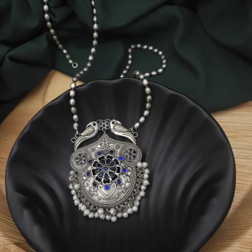 Glamaya Yashsvi Silver Replica Brass Necklace Earring Set Blue 2 GLAM-CN-BR-82F5-778370-100-4 Glamaya Yashsvi Silver Replica Brass Necklace Earring Set Blue 2 GLAM-CN-BR-82F5-778370-100-4