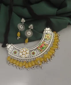 Glamaya Oxidised Glass Beads Hasli Choker Necklace Earrings Set 5 GLAM-CN-BE-18-905540-25-10 Glamaya Oxidised Glass Beads Hasli Choker Necklace Earrings Set 5 GLAM-CN-BE-18-905540-25-10