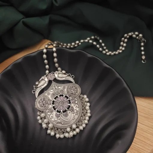 Glamaya Yashsvi Silver Replica Brass Necklace Earring Set Pink 2 GLAM-CN-BR-165-648886-200-2 Glamaya Yashsvi Silver Replica Brass Necklace Earring Set Pink 2 GLAM-CN-BR-165-648886-200-2