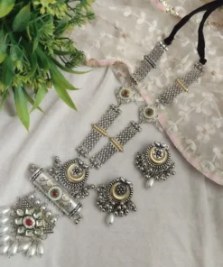 Glamaya Sarmaya Oxidised Long Fusion Necklace Earring Set 4 GLAM-CN-OX-35-873856-55-4