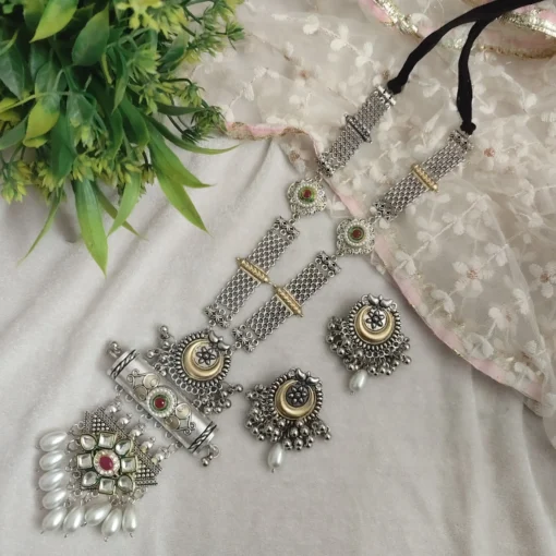 Glamaya Sarmaya Oxidised Long Fusion Necklace Earring Set 4 GLAM-CN-OX-35-873856-55-4 Glamaya Sarmaya Oxidised Long Fusion Necklace Earring Set 4 GLAM-CN-OX-35-873856-55-4