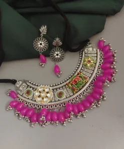 Glamaya Oxidised Glass Beads Hasli Choker Necklace Earrings Set 4 GLAM-CN-BE-18-905540-25-10
