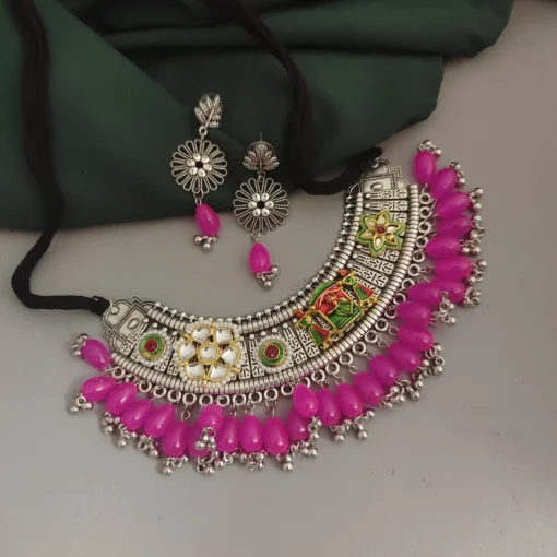 Glamaya Oxidised Glass Beads Hasli Choker Necklace Earrings Set 4 GLAM-CN-BE-18-905540-25-10 Glamaya Oxidised Glass Beads Hasli Choker Necklace Earrings Set 4 GLAM-CN-BE-18-905540-25-10