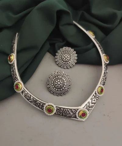 Glamaya Oxidised Fusion Hasli Necklace Earrings Set 1 GLAM-CN-OX-80-330972-110-2
