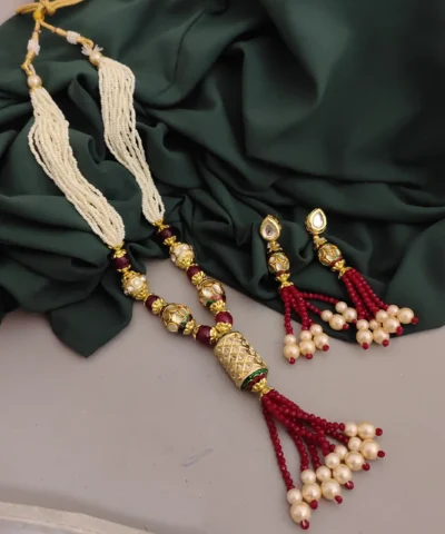 Glamaya Rajwada Long Pearl Polki Necklace Earring Set Red 1 GLAM-CN-PE-40-339052-62-5