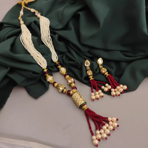 Glamaya Rajwada Long Pearl Polki Necklace Earring Set Red 1 GLAM-CN-PE-40-339052-62-5