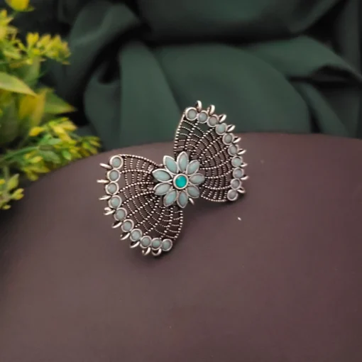 Glamaya Oxidised Semi Precious Stone Bow Adjustable Rings Sky 1 GLAM-RI-ST-17F5-753634-30-4