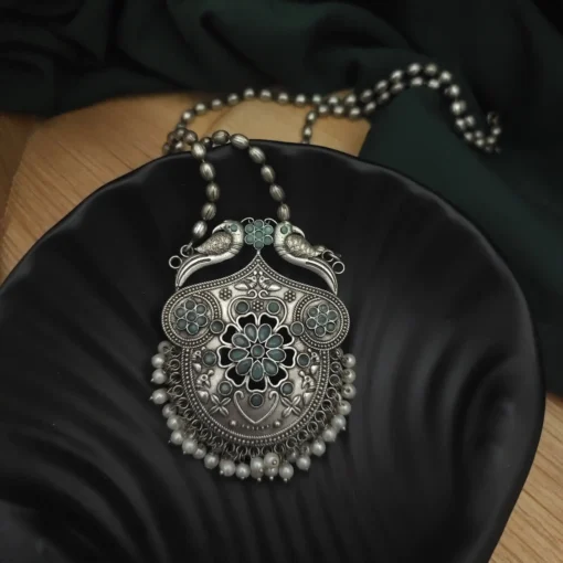 Glamaya Yashsvi Silver Replica Brass Necklace Earring Set Firoza 2 GLAM-CN-BR-33-626602-40-10 Glamaya Yashsvi Silver Replica Brass Necklace Earring Set Firoza 2 GLAM-CN-BR-33-626602-40-10