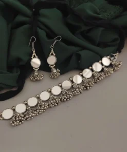 Glamaya Oxidised Mirror Jhumki Choker Necklace Earrings Set 1 GLAM-CN-MI-22-728217-35-5