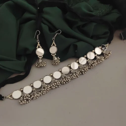 Glamaya Oxidised Mirror Jhumki Choker Necklace Earrings Set 1 GLAM-CN-MI-22-728217-35-5