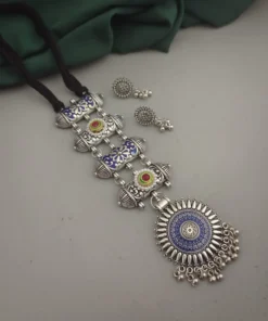 Glamaya Oxidised Meenakari Tie Necklace Earrings Set 7 GLAM-CN-ME-18-111579-33-5 Glamaya Oxidised Meenakari Tie Necklace Earrings Set 7 GLAM-CN-ME-18-111579-33-5